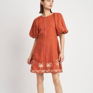 En Saison Womens Melba Linen Blend Mini Dress Sz Medium Ginger Puff Short Sleeve